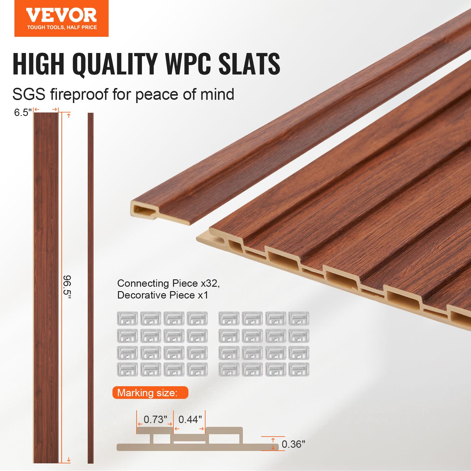 VEVOR Wood Slat Acoustic Panels, 8 PCS 96 x 6 inch, WPC Accent Wooden Wall Panels for Modern Interior, Faux Wood Wall Board for